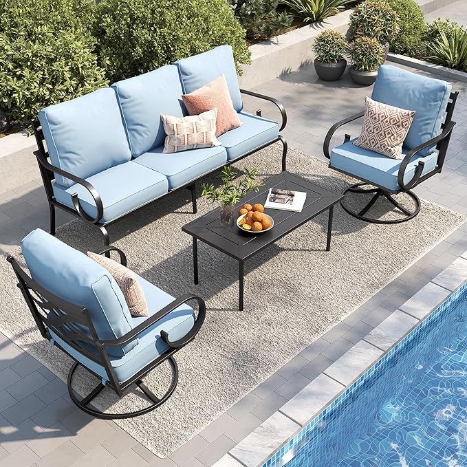 PHI VILLA Patio Furniture Set, 3-Seater Sofa, 2 Swivel Chairs and a Coffee Table, Outdoor Metal Conversation Set with 5.75" Extra Thick Cushion for Garden Backyard Deck, Blue