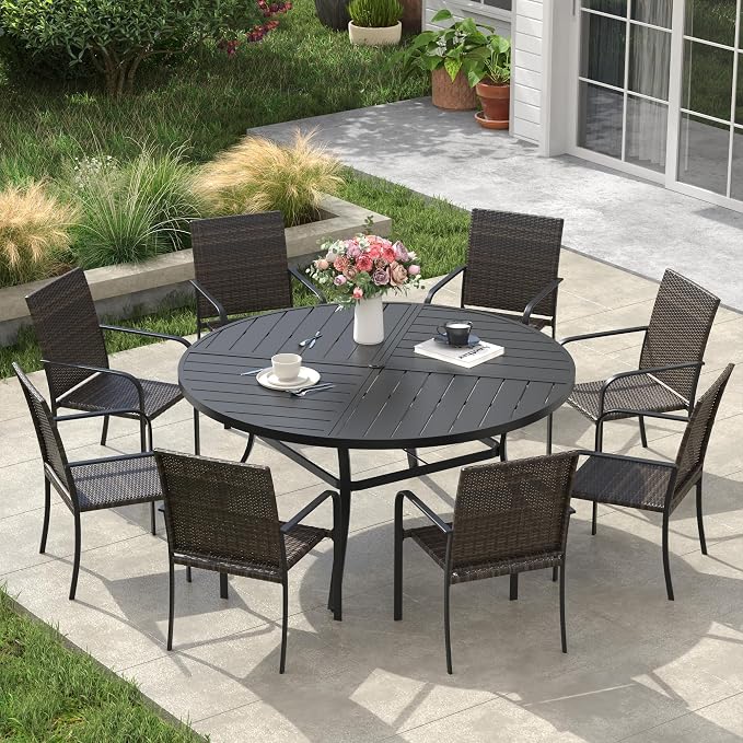 VICLLAX 9 Pieces Outdoor Dining Set, 8 Stakable Wicker Patio Chairs and 53" Patio Round Metal Table with Umbrella Hole for Backyard Lawn Garden, Black Tabletop