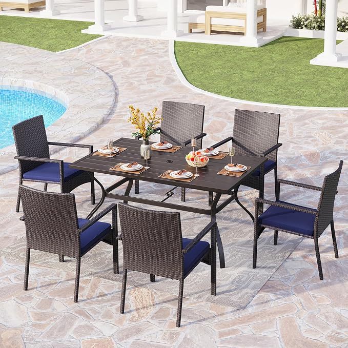 PHI VILLA Wicker Patio Dining Chairs Set of 6 with Removable Cushions | 6 Rattan dining chairs with thick removable seat cushions. Sturdy steel frame, easy assembly.
