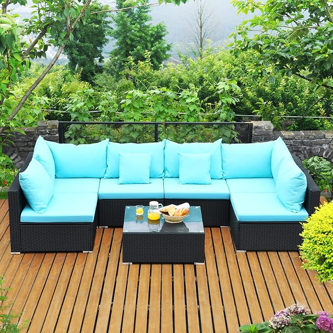 Tangkula 7 Piece Patio Furniture Set - Outdoor Sectional Sofa with Pillows and Cushions, Wicker Sofa Conversation Set with Coffee Table