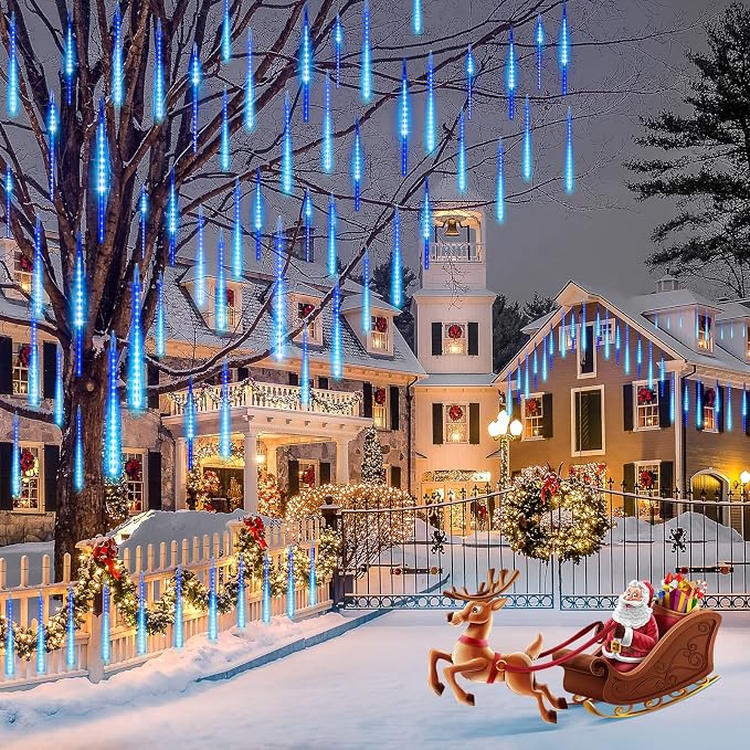 Meteor Shower Lights Outdoor, 16Inch 20 Tube 720 LED Icicle Christmas Light | Waterproof Meteor Christmas Light Outdoor, Hanging Falling Rain Light for Tree Bushes Holiday Party Christmas Decor, Blue