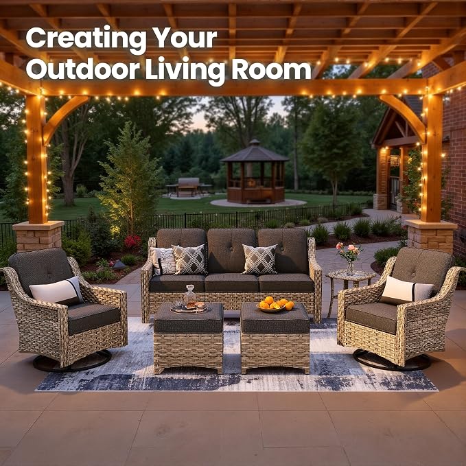 6 Piece Patio Furniture Set with Swivel Rocker Chairs, Outdoor Wicker High Back Sofa Glider Chair Ottoman with Cushion, All Weather Conversation Sets for Backyard Poolside Deck, Black