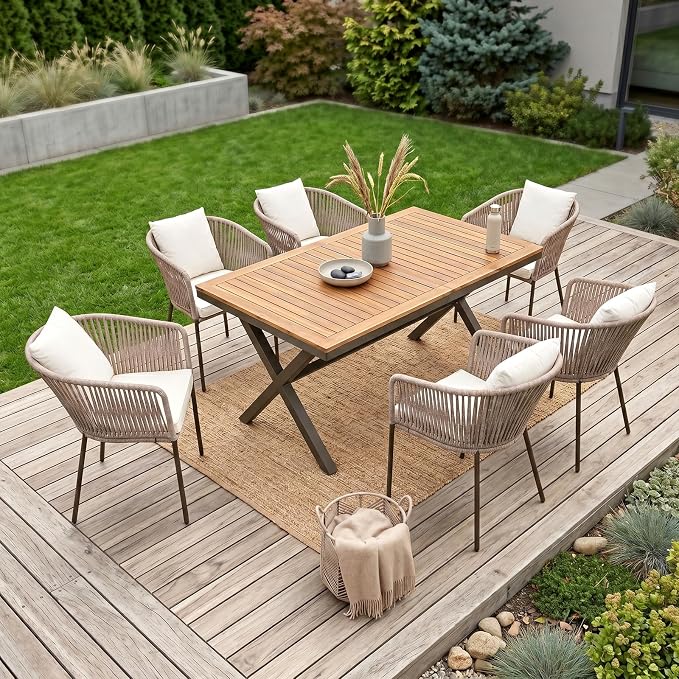 7PCS Outdoor Dining Set, Patio Table and Chairs Set for 6, Rope Weaving Patio Chairs with Thickened Cushions & Rectangular Dining Table with Metal Frame and Acacia Wood Tabletop, Beige