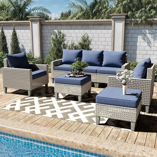 7 Pieces Patio Furniture Set with Ottomans, Modern Outdoor Sectional Sofa with Comfy Cushions, Modular Wicker Rattan Patio Conversation Set for Garden Poolside Deck, Navy