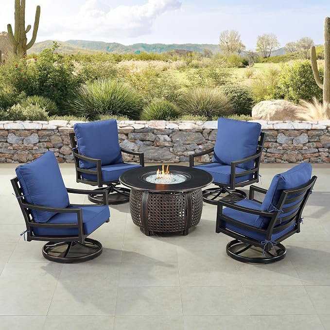 Oakland Living Black Aluminum Patio Fire Table Set with Four Club Chairs with Blue Cushions