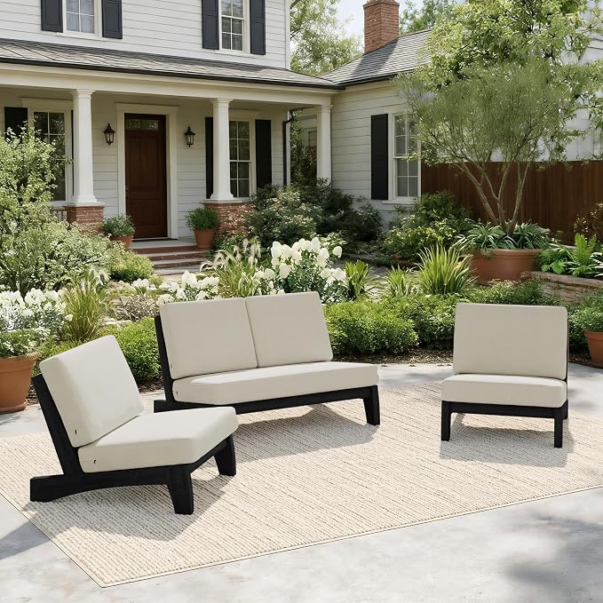Pia Ricoo 4 Piece Patio Furniture Sets, Outdoor Loveseat Sofa Set with 2 Chairs & Coffee Table, Patio Conversation Set for Backyard, Deck, Lawn, Light Camel, Dark Wood