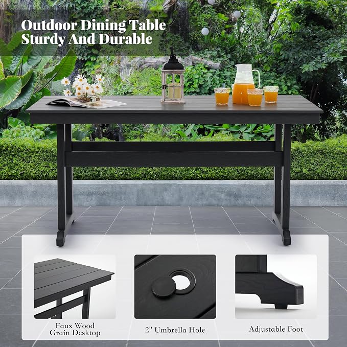 HDPE Dining Table Set for 6,7-Piece Outdoor Table and Chairs Include 6 Dining Chairs and 62.5" Patio Dining Table with Umbrella Hole (Black)
