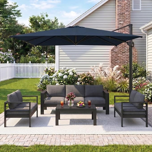 Wisteria Lane 5 Pieces Aluminum Patio Furniture Set with Umbrella, All Weather Oversized Outdoor Furniture Set with Deep Seat and Back Cushion, Patio Conversation Sets with Wide armrest, Gray & Navy