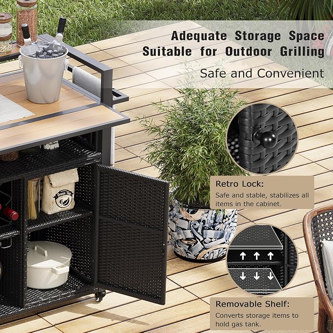 52.8" W Wicker Outdoor Grill Cart with Extended Plastic Wood Table Top, Rolling Kitchen Island on Wheels, Ample Storage, and Double Handle Design – Perfect for Patio, Backyard, and Poolside