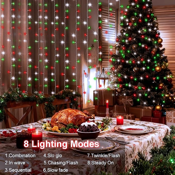 echosari Red White and Green Christmas Curtain Lights Battery Operated | 300 LED Curtain Lights 9.8Ft x 9.8Ft Hanging Lights with Remote Timer for Party Holiday Garden Yard Decor