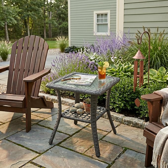 Patio Wicker Side Table - Rattan End Table with Glass Top for Outdoor Patio, Porch, Deck, Square ，Grey Wicker