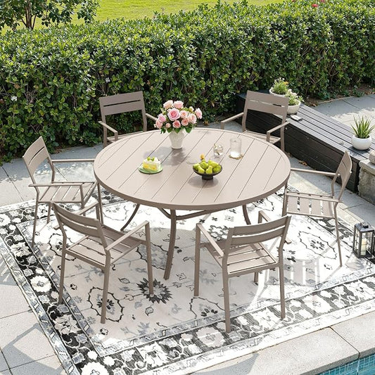 DIFY 7 Piece Outdoor Patio Dining Set for 6, Patio Table and Chairs Set with Umbrella Hole, 50" Round Dining Table and Stackable Metal Chairs for Backyard Garden Poolside, Sandshell