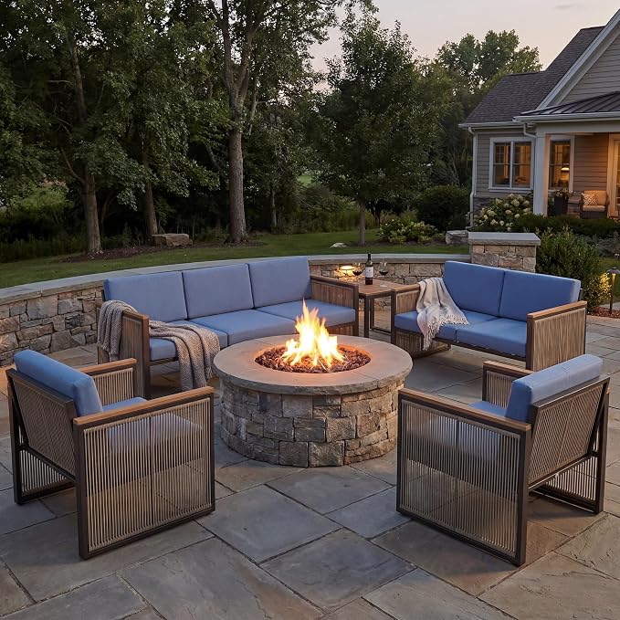 5 Piece Patio Conversation Set for 7, Modular Patio Sofa Couch with Cushions, Rattan Outdoor Patio Furniture Set with Loveseat/Coffee Table, Outdoor Sectional Furniture for Deck/Porch, Blue