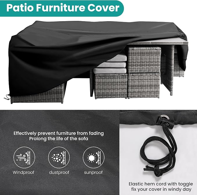Wumiokio Patio Furniture Set, 7 Pieces Outdoor Patio Furniture with Dining Table&Chair, All Weather Wicker Conversation Set with Ottoman,Grey (Include Sofa Dust Cover)