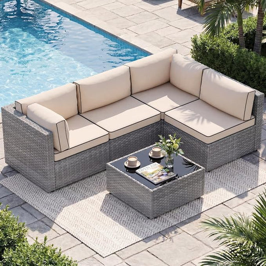5 Piece Outdoor Patio Furniture Set,Silver PE Rattan Wicker Sectional Sofa, All Weather Conversation Set with Washable Cushions & Glass Coffee Table for Backyard Poolside Garden Porch,Khaki