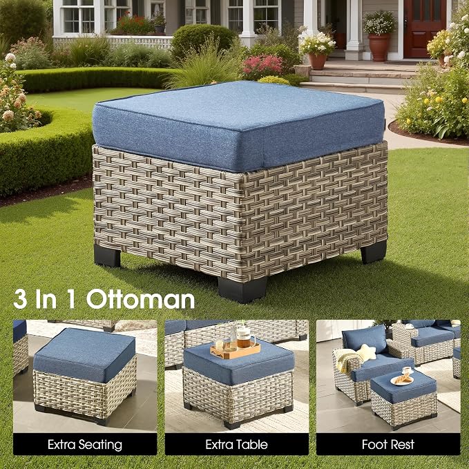 Rattan Patio Furniture Set with Swivel Chairs,9 Pieces Outdoor Sectional with Ottoman Glowing Coffee Table,Out Door Furniture Conversation Set,Denim Blue