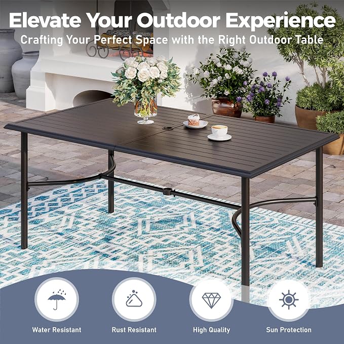SUNSHINE VALLEY 7 Piece Patio Dining Set for 6, Rectangular Steel Dining Table with Umbrella Hole and Metal Frame 6 Chairs, Outdoor Table and Chairs Set for Lawn Backyard and Deck, Red