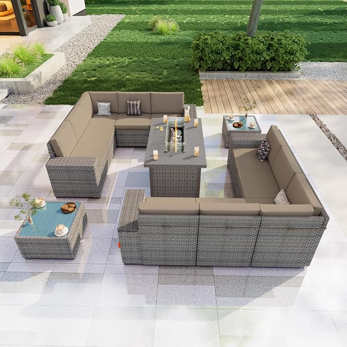 13 Pieces Patio Furniture Set, Outdoor Modular Sectional Couch Conversation Set with Wide Armrests, Wicker Seating Group Sofa with Coffee Table and Fire Pit for Backyard Balcony (Khaki Cushions)