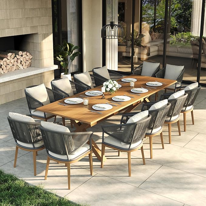 LayinSun 13 Piece Outdoor Dining Table Set, Aluminum Modern Rectangular Dining Table and All-Weather Wicker Chairs Set for Patio Deck Indoor Decor Kitchen