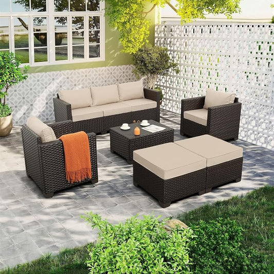 Rattan Star 6 Pieces Patio Outdoor Furniture Outdoor Conversation Sets Wicker Sofa Set with Outdoor Couch Patio Chairs Storage Coffee Table Khaki Cushions Waterproof Covers