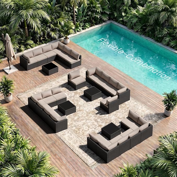 Patio Furniture Set - All-Weather - 7 Piece Patio Outdoor Conversation Set, Modular Wicker Rattan Sectional Sofa for Backyard, Garden, Poolside, Balcony, Porch, Patio,Black/Khaki