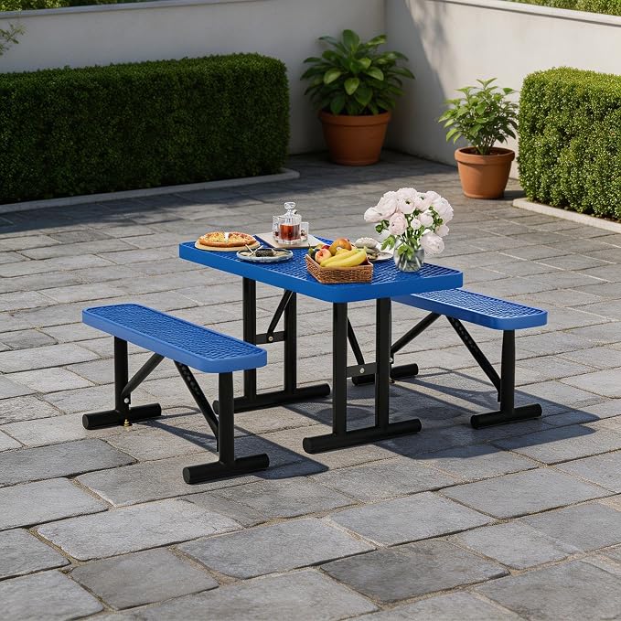 4FT Outdoor Metal Picnic Table with 2 Benches,Heavy Duty Rectangular Picnic Table Set for Outside, Waterproof Commercial Restaurant Table Furniture for Park, Campfield, Patio, Garden, Yard