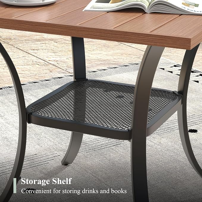 Outdoor Dining Table with Storage Shelf, 27.5" All-Weather Square Patio Dining Table for 2, Metal Patio Table for Garden Lawn Porch Deck Yard, Walnut