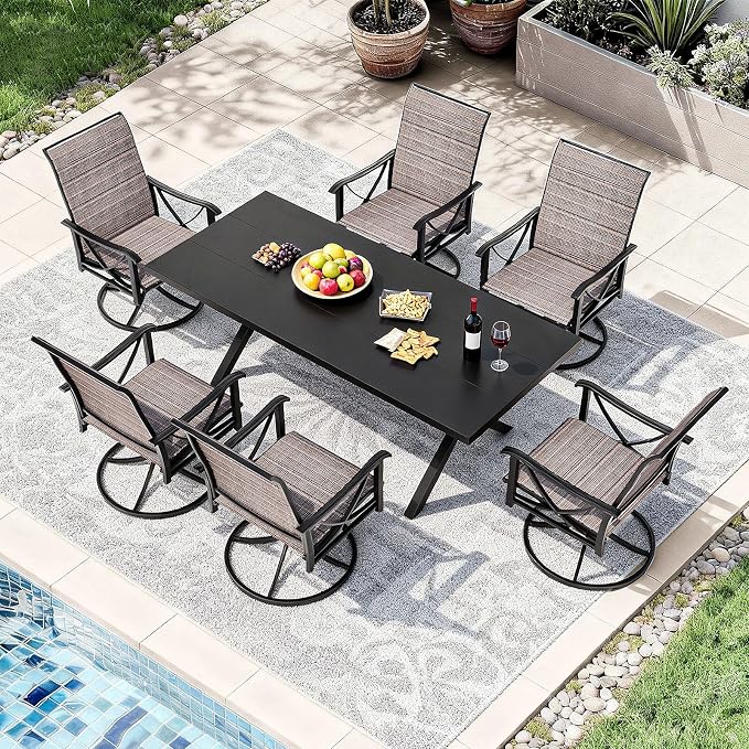 Gotland 7 Piece Outdoor Dining Set, Metal Outdoor Table and Chairs with X-Shaped Legs 1.5" Umbrella Hole, Patio Furniture Set with 6 Teslin Swivel Chairs, Patio Dining Sets for Backyard Deck Brown