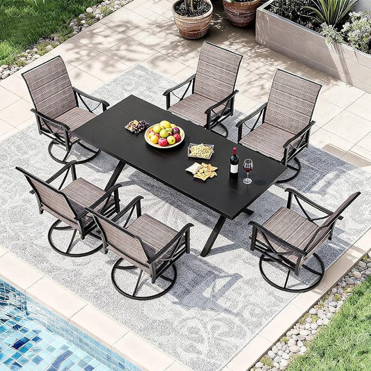 Gotland 7 Piece Outdoor Dining Set, Metal Outdoor Table and Chairs with X-Shaped Legs 1.5" Umbrella Hole, Patio Furniture Set with 6 Teslin Swivel Chairs, Patio Dining Sets for Backyard Deck Brown