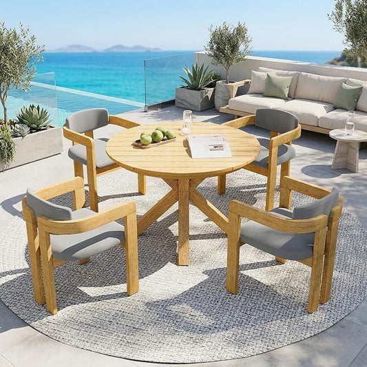 Christopher Knight Home Katy Modern 5 Piece Outdoor Dining Set, Round Dining Table Set for 4 with Chairs, Acacia Wood Patio Furniture Set with Barrel Chairs and Seat & Back Cushions, Grey+Natural
