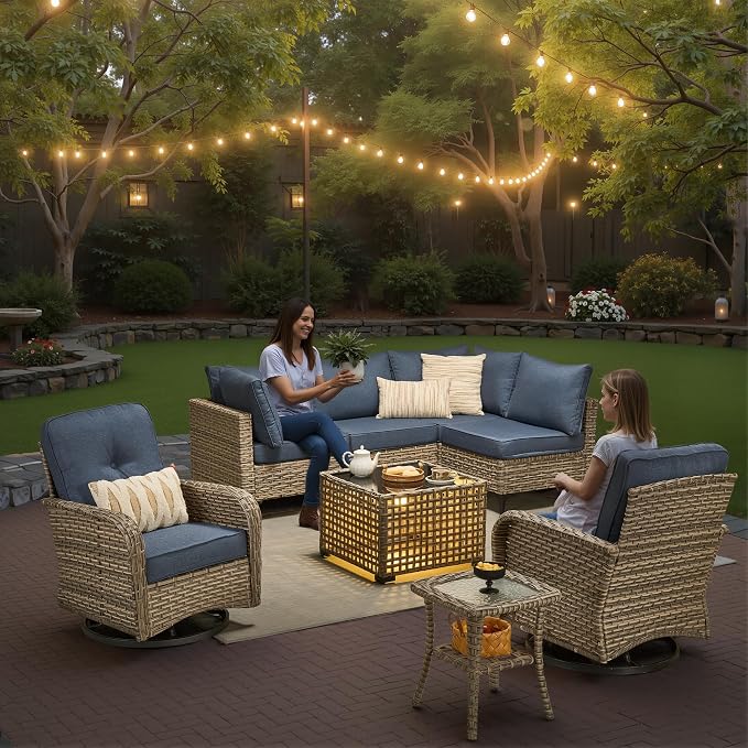 CAODOC Outdoor Sectional Patio Furniture Set,10 Pieces Wicker Conversation Sets L Shaped Couch,Out Door Sofa Outside Furniture with Swivel Chairs,Light Blue