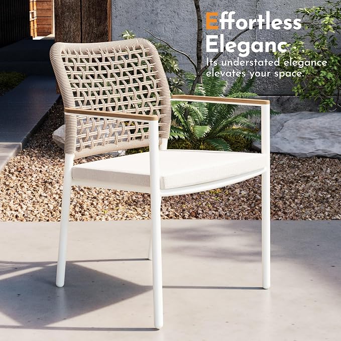 Modern Shade Riviera Outdoor Dining Chairs Set of 2, Fade Resistant, All-Aluminum Woven Rope Outdoor Chairs with FSC Teak Wood Armrests, Weather-Resistant Patio Chair with Quick Dry Cushion, Beige