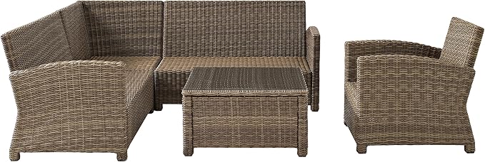 Crosley Furniture Bradenton 5-Piece Outdoor Sectional Sofa Wicker Conversation Patio Furniture Set for Deck, Brown with Navy Cushions