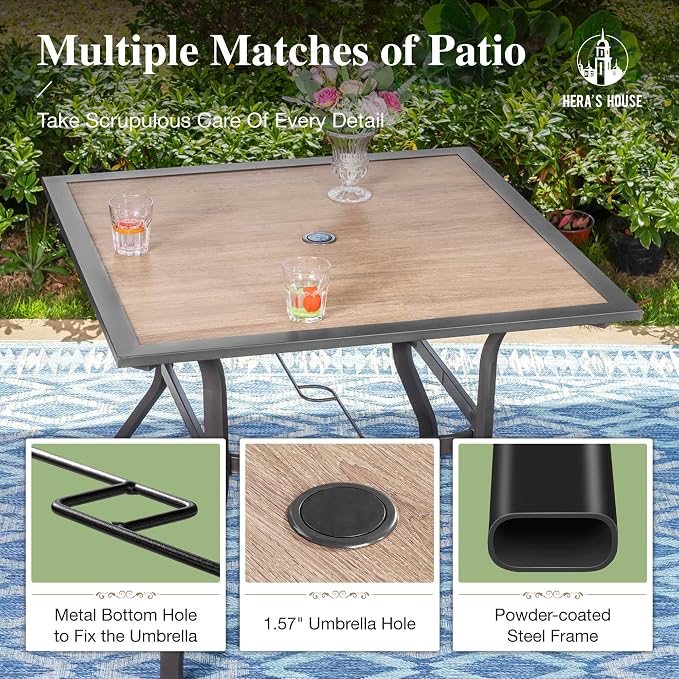 HERA'S HOUSE 5 Pieces Patio Dining Set, Outdoor Dining Set with 4 Wicker Patio Chair with Removed Cushion, 37" Wood Like Dining Table with 1.57" Umbrella Hole, for Lawn Garden Backyard Deck