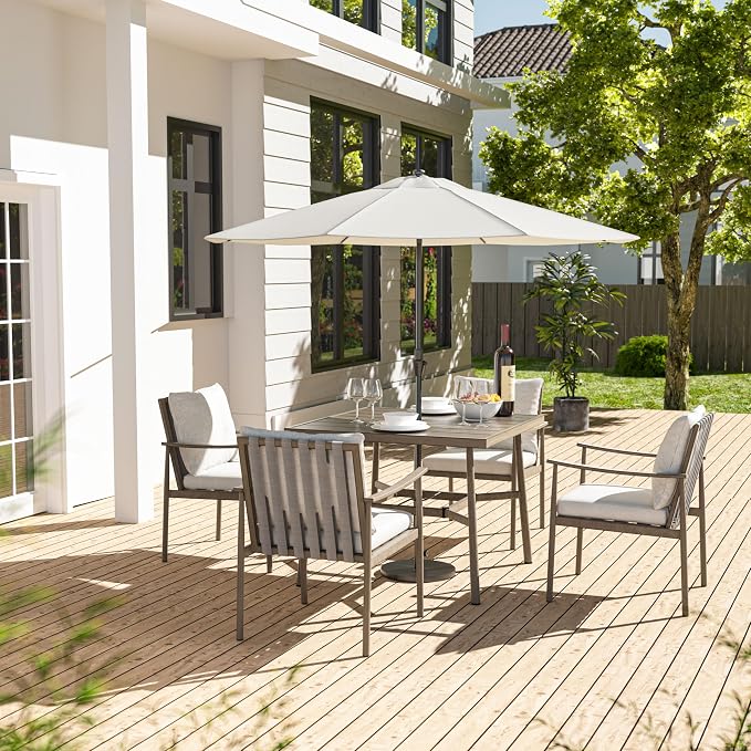 HAPPATIO 5-Piece Outdoor Dining Set for 4, Aluminum Patio Dining Set Includes 1 Large Square Table with Umbrella Hole and 4 Dining Chairs, Patio Furniture Set for Lawn, Porch, or Backyard (Grey)