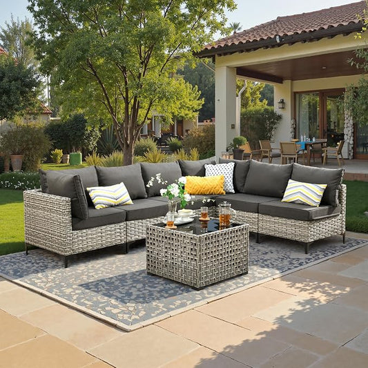 7 Piece Outdoor Patio Furniture with Glowing Coffee Table, Rattan Wicker Conversation Set with Sofa, Sectional Single Chairs for Outside Porch Balcony Backyard Pool,Black