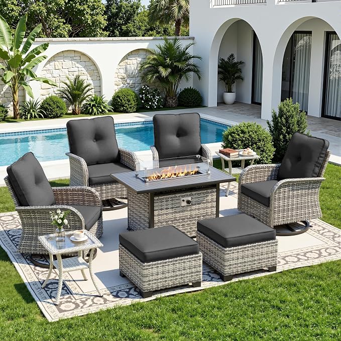 9-Piece Small Patio Furniture Set, Outdoor Swivel Rocking Chairs Set with 55,000 BTU Fire Pit Table Wicker Chairs and Ottomans, Patio Bistro Set for Balcony, Deck, Porch, Black