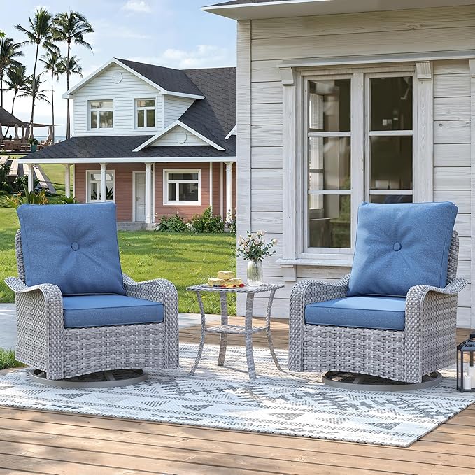 3 Piece Patio Furniture Set with Swivel Rocking Chairs, Outdoor Wicker Conversation Set with 4" Cushions, Glass Side Table, PE Rattan and Rust-Resistant Frame, Navy