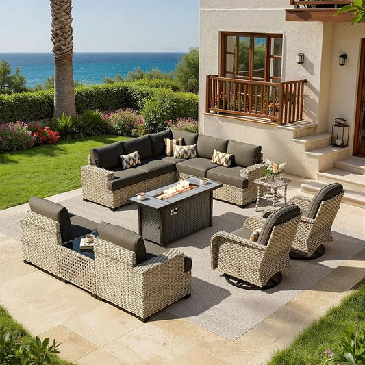 HOOOWOOO Sectional Patio Furniture Set with Fire Pit Table,12 Pieces Wicker Outdoor Furniture L Shaped Couch,Outside Conversation Set Extra Deep Seat Sofa Wide Arm Swivel Chairs Solar Light,Black