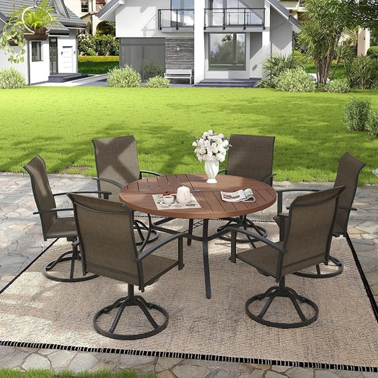 VICLLAX 7 Pieces Patio Outdoor Dining Set, 6 Swivel Textilene Chairs and 50" Round Metal Table with Umbrella Hole for Porch, Deck, Garden, Walnut//Brown