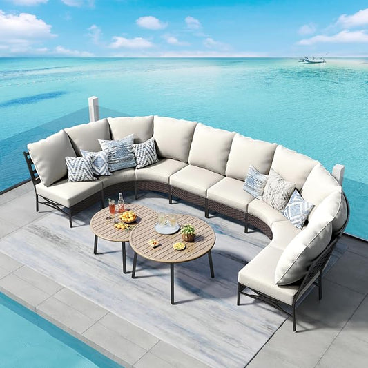 PHI VILLA Outdoor Patio Furniture Set 10 Piece, Half-Moon Sectional Patio Conversation Sets for 8 Persons with 2 Round Table for Garden, Poolside, Balcony, Backyard