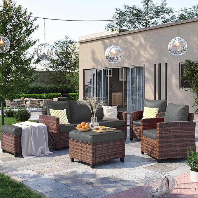 Outdoor Furniture Set, 5 Pcs Wicker Patio Couch with Chairs, Ottomans and Thick Cushions, All Weather Wicker Rattan Patio Conversation Set,Dark Grey