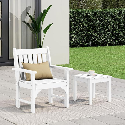 Costaelm Outdoor Patio Table and Chairs Set of 2, 2-Piece HDPE Garden Chair with Square Adirondack Side Table Set, Porch Chairs Coffee Table for Outside Porch Backyard, White