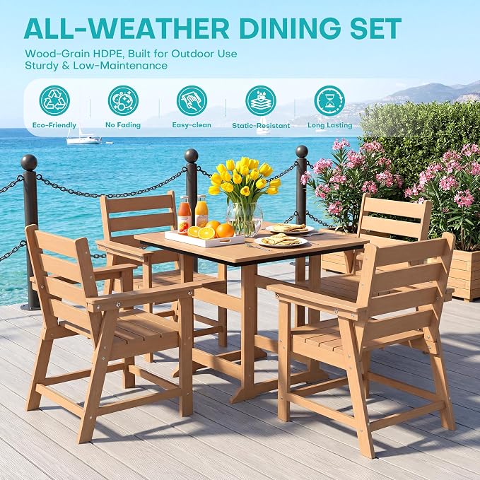 5 Piece Patio Dining Set, HDPE All-Weather Furniture with 4 Chairs & 1 Square Table, for Backyard, Garden, Cedar