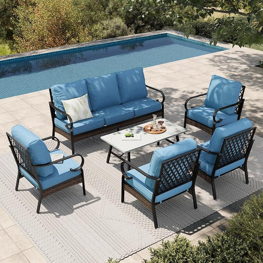 HERA'S HOUSE 6 Piece Metal Patio Furniture Set, All Weather Outdoor Conversation Set with 3-Seat Sofa, 4 Fixed Chairs & Coffee Table, 7 Seats for Backyard, Garden, Deck, Navy Blue