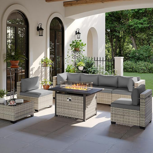 8-Piece Modern Patio Furniture Set with 55,000 BTU Fire Pit Table, Thick Cushions, Dual-Strand Wicker Rattan, Rust-Resistant Frame, Grey