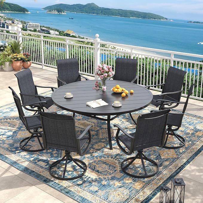 Outdoor Dining Set for 8, 60" Metal Round Outdoor Dining Table with Umbrella Hole and Sling Patio Swivel Chairs, 9 Pieces Patio Table and Chairs Set for Garden Backyard, Charcoal and Black