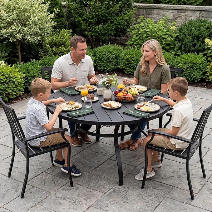 Patio Dining Table, 53" x 53" Outdoor Round Metal Table with1.57 Umbrella Hole, for Backyards, Porches, Gardens or Poolside, Black