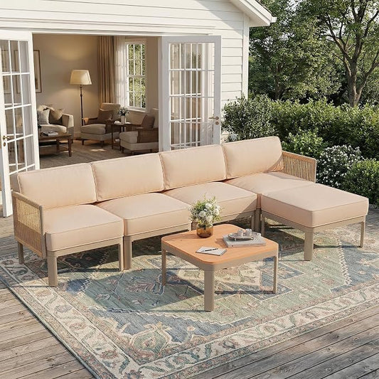 EROMMY 6 Pieces Patio Sectional Furniture Set, Metal Frame Outdoor Conversation Set with Ottoman, 6" Thick Cushions & Coffee Table, All-Weather Sectional Sofa for Poolside, Deck, Backyard, Beige