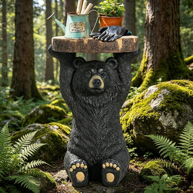 JIJIWANG Black Bear 3-in-1 Pedestal Side Table/End Table/Stool - MGO Hand Painted Sculpture Statue,No Assembly Required for Home,Living Room & Outdoor Decor (Black, 14.5" L x 13.5" W x 22" H)